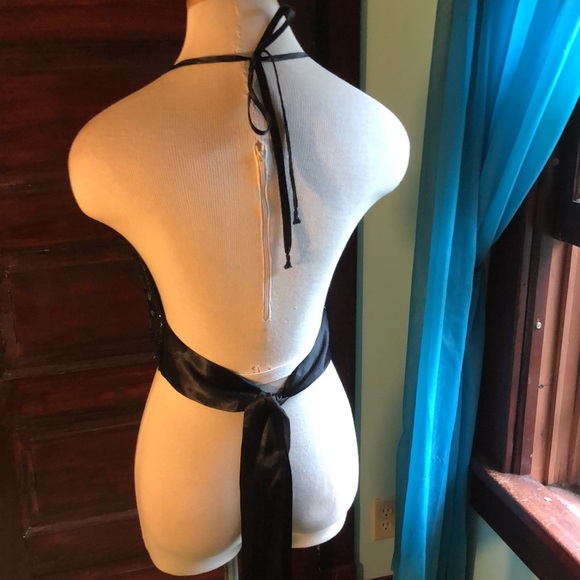Halter top sz Med/ black silky material with sequins and faux diamonds/ties - Picture 7 of 15